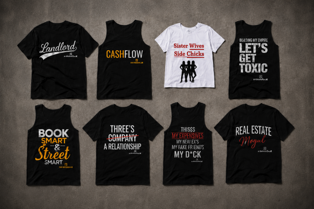 A selection of Ashhhole graphic shirts